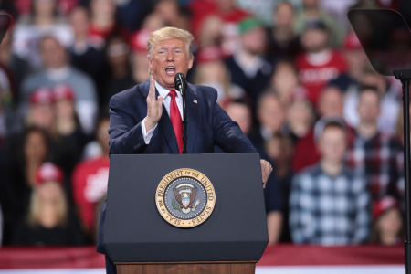 President Donald Trump addresses his impeachment during a Merry Christmas Rally at the Kellogg Arena on December 18, 2019 in Battle Creek, Michigan. While Trump spoke at the rally the House of Representatives voted to impeach the president, making Trump just the third president in U.S. history to be impeached. 