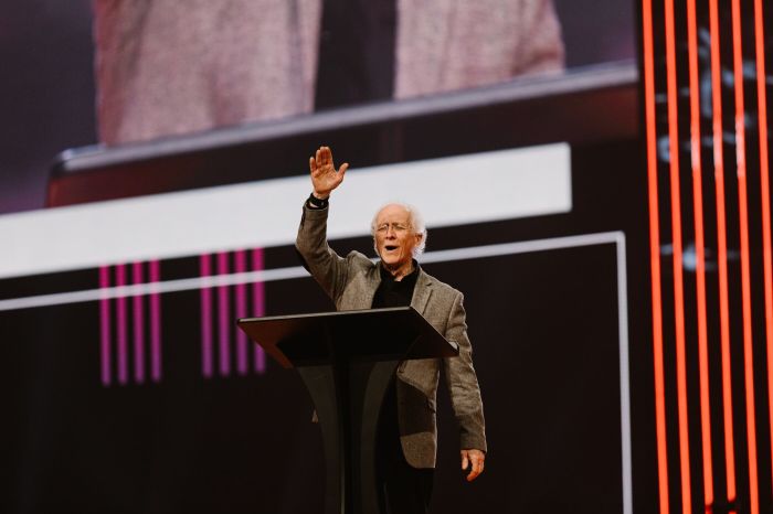 Theologian John Piper gives a sermon at Passion 2020 at the Mercedes-Benz Stadium in Atlanta, Georgia on Jan. 1, 2020.