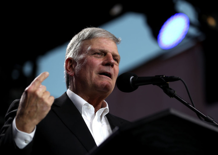 Rev. Franklin Graham speaks during Franklin Graham's 'Decision America' California tour at the Stanislaus County Fairgrounds on May 29, 2018, in Turlock, California.