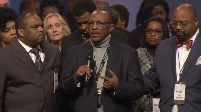 Robert Gray, director of pastoral care at Relentless Church in Greenville, S.C., leads elders and congregants in prayer on Jan. 5, 2019.