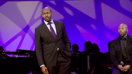 Jonathan Evans speaks at the funeral service for his mother, Lois Evans.