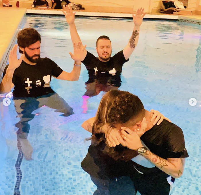 Brazilian soccer star Roberto Firmino gets baptized, Jan. 14, 2019. 