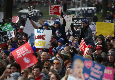 People gather for the 47th March For Life rally on the National Mall where U.S. President Donald Trump addressed the crowd, January 24, 2020, in Washington, D.C. The Right to Life Campaign held its annual March For Life rally and march to the U.S. Supreme Court protesting the high court's 1973 Roe v. Wade decision making abortion legal nationwide. 