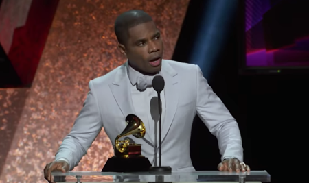 Gospel singer Kirk Franklin gives an acceptance speech at the 2020 Grammy Awards show, Jan. 27, 2020.