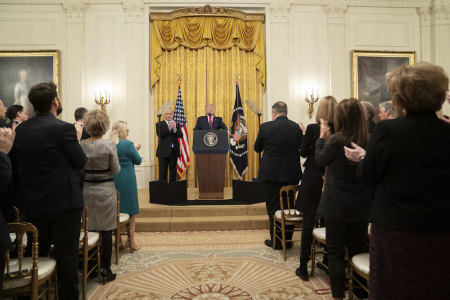 President Donald J. Trump delivers remarks with Israeli Prime Minister Benjamin Netanyahu Tuesday, Jan. 28, 2020, in the East Room of the White House to unveil details of the Trump administration’s Middle East Peace Plan.