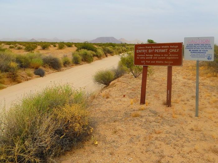 A sign is posted along the El Camino Del Diablo roadside at the western entrance to Cabeza Prieta National Wildlife Refuge in Arizona. 