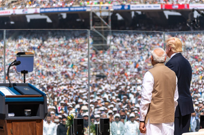 President Donald J. Trump and Indian Prime Minister Narendra Modi stand together on stage before a cheering crowd at the Namaste Trump Rally Monday, Feb. 24, 2020, at the Motera Stadium in Ahmedabad, India.