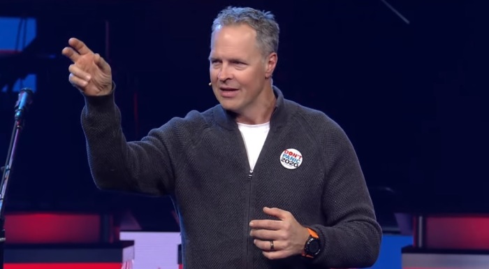 Brian Tome, senior pastor of The Crossroad Church, a multisite megachurch primarily based in Cincinnati, Ohio, preaching on Sunday, Feb. 23, 2020. 