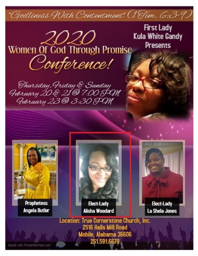 Alisha Woodard preached at the 2020 Women of God Through Promise Conference at True Cornerstone Church in Mobile, Ala., before she was shot by her husband on Friday Feb. 21.