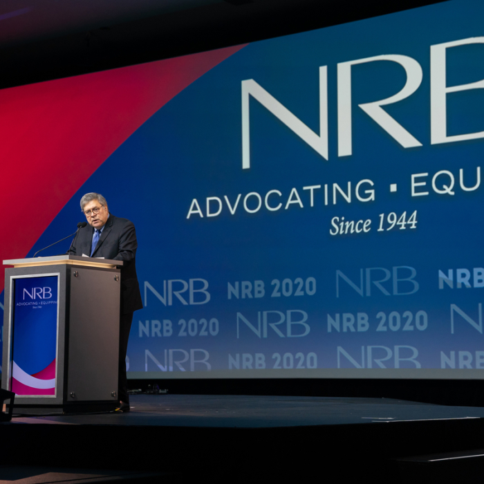 Attorney General William Barr speaks to National Religious Broadcasters Convention in Nashville, Tenn. Wednesday, Feb. 26, 2020.