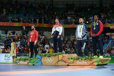 J'Den Cox (R) wins a bronze medal in the 2016 Summer Olympics for Freestyle Wrestling 86KG Men.