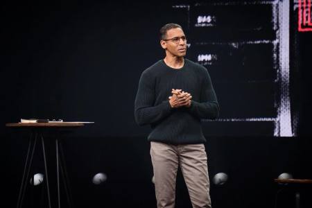 Pastor Miles Mcpherson preaches at Rock Church in San Diego, California, 2018.