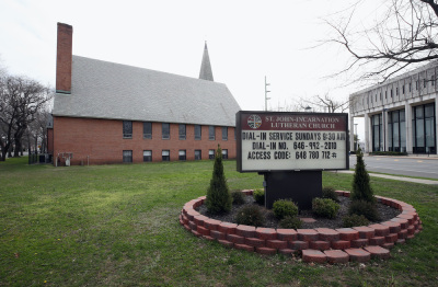 St. John's Incarnation Lutheran Church promotes dial-in church service on April 5, 2020 in Lynbrook, New York. 