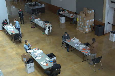 Volunteers assemble masks for medical staff at The Rock Church locations in Point Loma, City Heights, El Cajon and San Marcos, California, April 6, 2020.