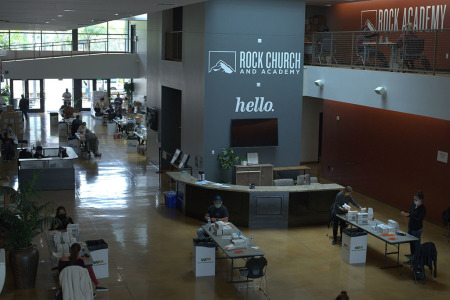 Volunteers assemble masks for medical staff at The Rock Church locations in Point Loma, City Heights, El Cajon and San Marcos, California, April 6, 2020.