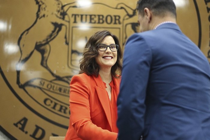 Michigan Gov. Gretchen Whitmer attends a naturalization ceremony in Detroit in 2019. 