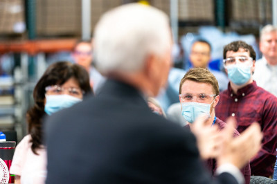 Vice President Mike Pence participates in a walking tour Tuesday, April 21, 2020, at GE Healthcare in Madison, Wisc. 