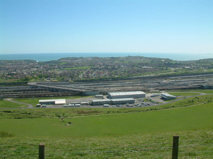 The English-side Channel Tunnel terminal at Cheriton near Folkestone in Kent, from the Pilgrims' Way on the escarpment on the southern edge of Cheriton Hill, part of the North Downs, May 4, 2003. 