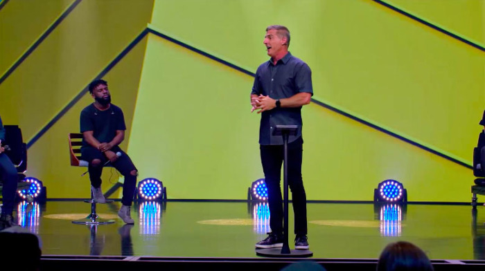 Senior Pastor Craig Groeschel speaks to congregants on May 9, 2020, the day Life.Church resumed in-person services at some locations. 