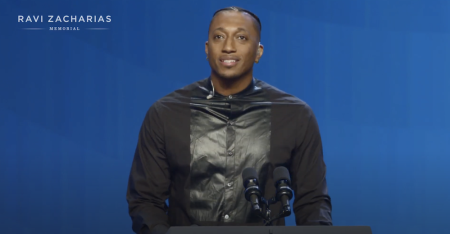 Lecrae participates in the memorial service for Ravi Zacharias at Passion City Church in Atlanta, Georgia, on May 29, 2020. 