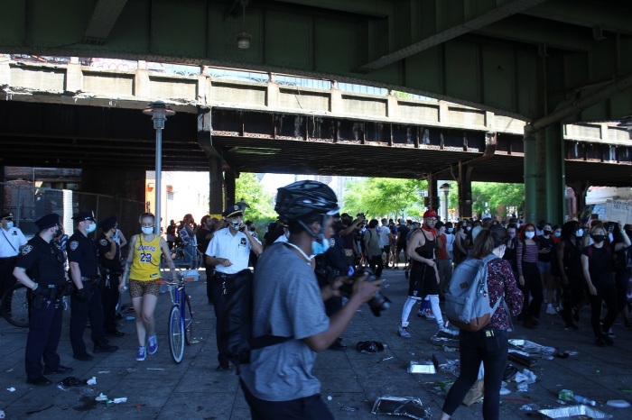 Carl Lentz (wearing red cap), senior pastor of Hillsong Church NYC, joins peaceful protesters in West Harlem, Manhattan, on May 30, 2020.