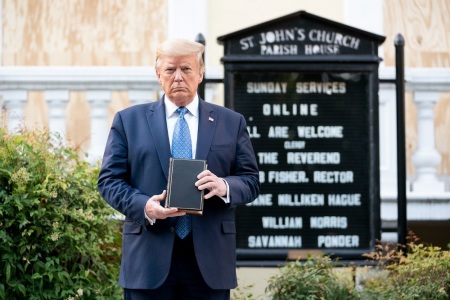 President Donald Trump holds a Bible while visiting St. John's Church across from the White House in Washington, D.C., after the area was cleared of people protesting the death of George Floyd June 1, 2020. 