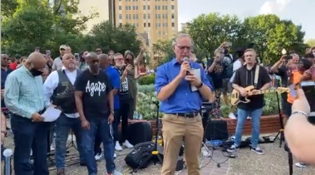 Pastor Max Lucado prays at a prayer vigil in downtown San Antonio, Texas on June 3, 2020. 