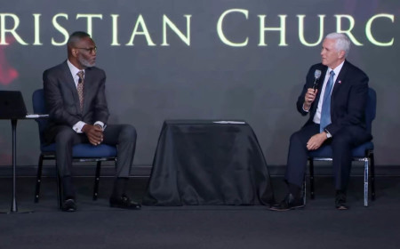 Vice President Mike Pence speaks with Bishop Harry Jackson of Hope Christian Church in Beltsville, Maryland.