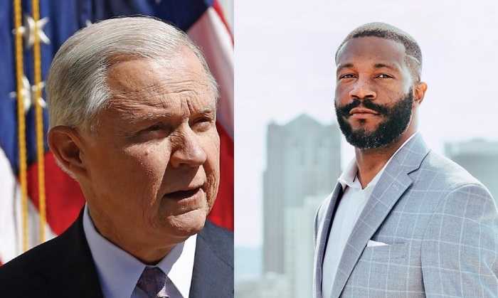 Former U.S. Attorney Jeff Sessions (L) and Birmingham Mayor Randall Woodfin (R).