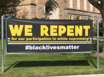 A 'Black Lives Matter' banner outside of the Cathedral of the Rockies in Boise, Idaho.