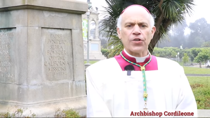 Archbishop Salvatore Cordileone, head of the archdiocese of San Francisco at the site where Father Junipero Serra's statue once stood in San Francisco’s Golden Gate Park.