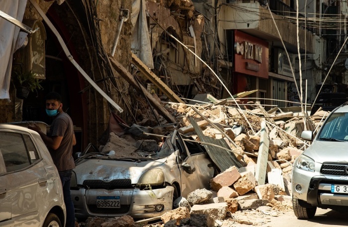 A car buried under rocks and debris after an explosion in Beirut, Lebanon. The explosion has caused 137 deaths and 5,000 injuries to date.