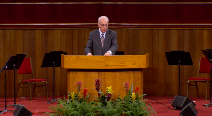 John MacArthur speaks at Grace Community Church, a megachurch in Sun Valley, California, on Sunday, August 9, 2020.