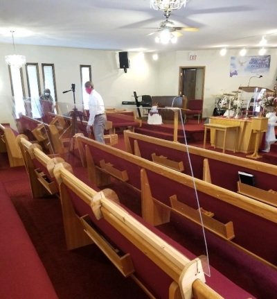 Progressive Church of God in Christ of Springfield, Illinois installed Plexiglas barriers in their pews in August 2020 to help curb the spread of COVID-19. 