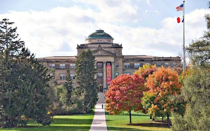 Fall leaves show their colors in front of Beardshear Hall on the campus of Iowa State University in Ames. 