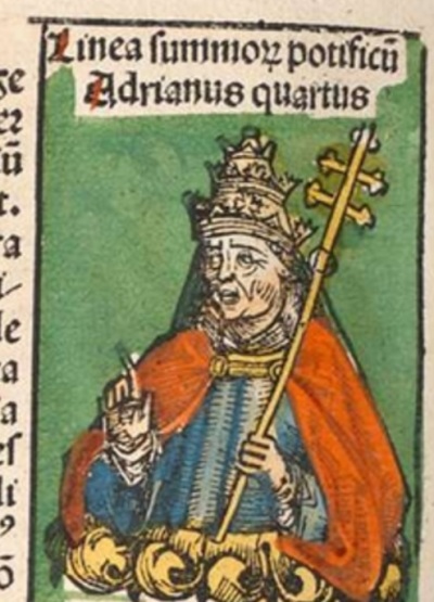 A fifteenth century image of Pope Adrian IV (circa 1100 - 1159), the only Englishman to serve as pontiff. 