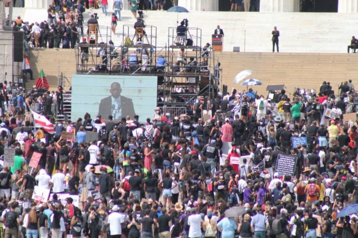 Pastor Jamal Bryant speaks during the Get Your Knee Off Our Necks Commitment March in Washington, D.C. on Aug. 28, 2020.