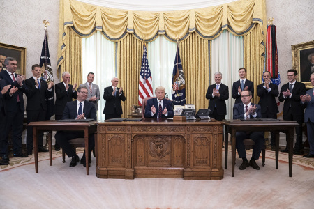 President Donald J. Trump participates in a signing ceremony with Serbian President Aleksandar Vucic and Kosovo Prime Minister Avdullah Hoti Friday, Sept. 4, 2020, in the Oval Office of the White House. 