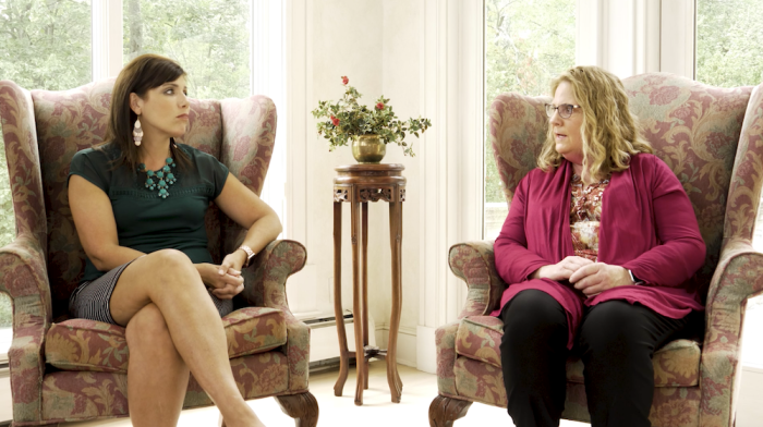 Melissa Ohden (L) speaks with her birth mother, Ruth Lindahl (R).