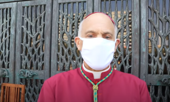 San Francisco Archbishop Salvatore Cordileone speaks at the 'Free the Mass' protest, Sept. 20, 2020.