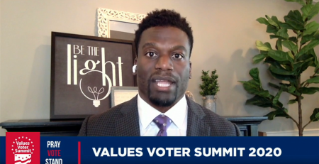 Retired NFL player Benjamin Watson speaks about his new documentary, 'Divided Hearts of America,' at the 2020 Values Voter Summit, Sept. 25, 2020.