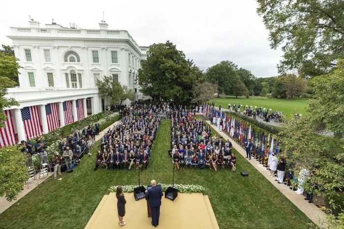 Calvary Church Senior Pastor Skip Heitzig (circled green) listens with other guests as Judge Amy Coney Barrett delivers remarks after President Donald J. Trump announced her as his nominee for Associate Justice of the Supreme Court of the United States Saturday, Sept. 26, 2020, in the Rose Garden of the White House. 