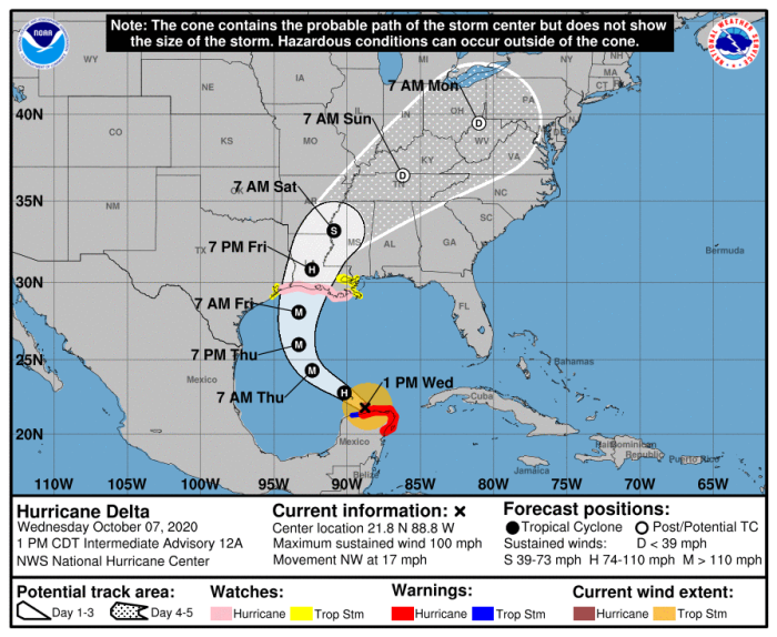 Hurricane Delta's projected path, as of Oct. 7, 2020. 