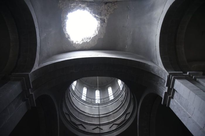 Sunlight shines through the whole through the ceiling of the Holy Savior Cathedral in Shushi in the disputed Nagorno-Karabakh region of Azerbaijan. 