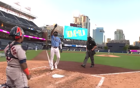 Tampa Bay Rays left fielder Randy Arozarena points up after hitting a home run, Oct. 12, 2020.