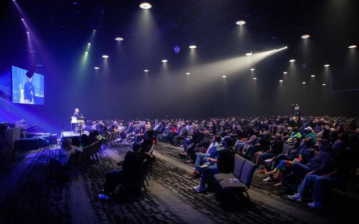 Pastor Ron Carpenter Jr. speaks with congregants at his newly launched Redemption East Church at a Vision Night event in Greenville, S.C., on, October 24, 2020.