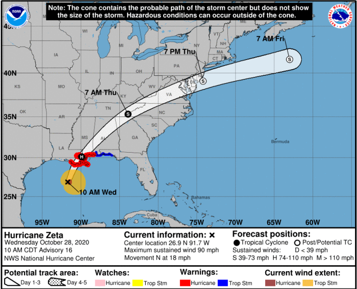 Hurricane Zeta's projected path, as of 10:00 a.m. CDT, Oct. 28, 2020.