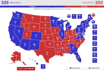 RealClearPolitics 'no toss ups map' predicting the results of the 2020 presidential election, accessed Nov. 2, 2020.