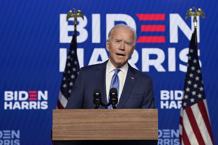 Democratic presidential nominee Joe Biden addresses the nation at the Chase Center November 06, 2020, in Wilmington, Delaware. The winner of the 2020 presidential election has yet to be declared, as vote counting continues in the key states of Pennsylvania, Georgia, Nevada, Arizona, and North Carolina. 