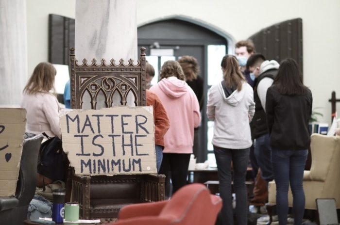 A group of students held a sit-in protest on Nov. 3, 2020 at the Gordon College administrative building in Wenham, Massachusetts in response to a racial incident on campus. 